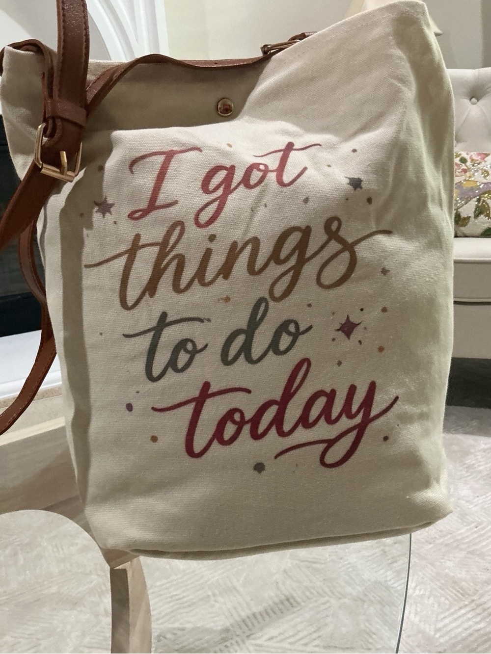 Brown Neutral ItalianCanvas Tote with Brown Leather Straps - "I Got Things to Do - Picture 15 of 15